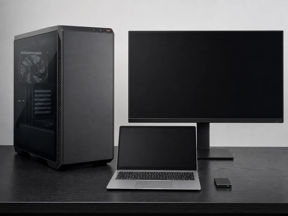 Computer fisso, notebook e monitor su una scrivania
