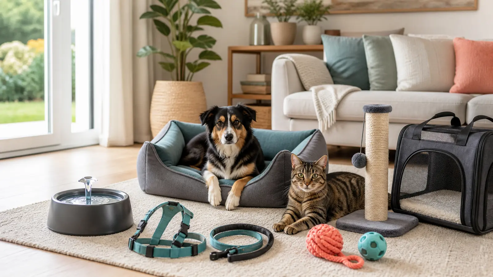 Un cane e un gatto con accessori utili per casa, gioco e viaggio